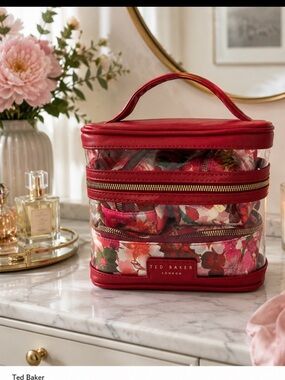 Ted Baker London Floral 4pc Cosmetic Train Case travel makeup bag set Rio red